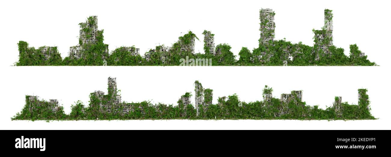 Postapokalyptische Skyline, überwucherte Gebäude, hohe verlassene Wolkenkratzer, isoliert auf weißem Hintergrund Stockfoto