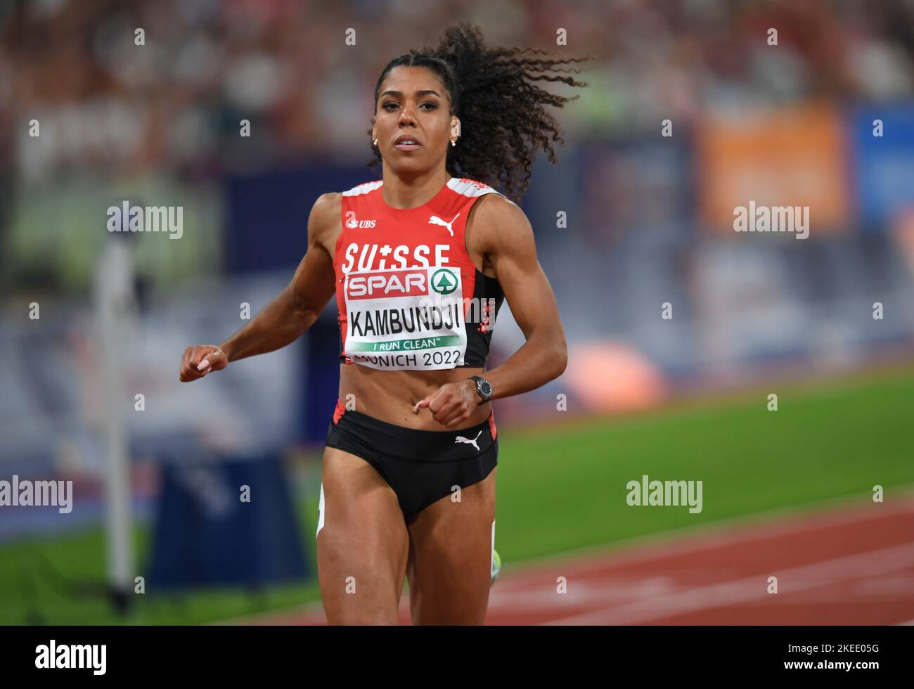 Mujinga Kambundji (Schweiz). 100m Frauen Halbfinale. Europameisterschaften München 2022 Stockfoto
