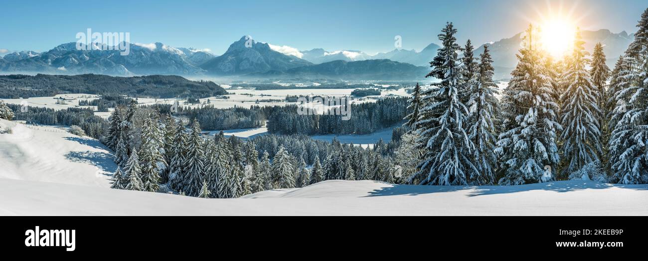 Panorama Landschaft im Allgäu mit Bergkette der Alpen im Winter Stockfoto