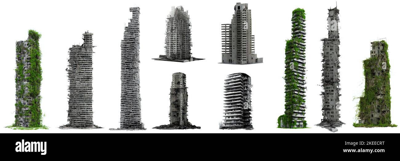 Sammlung von zerstörten Wolkenkratzern, hohen überwucherten post-apokalyptischen Gebäuden, isoliert auf weißem Hintergrund Stockfoto