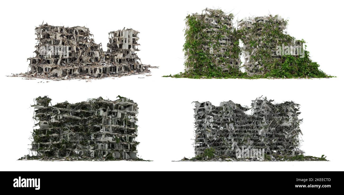 Eine Reihe von zerstörten Gebäuden, überwucherten post-apokalyptischen Gebäuden, isoliert auf weißem Hintergrund Stockfoto