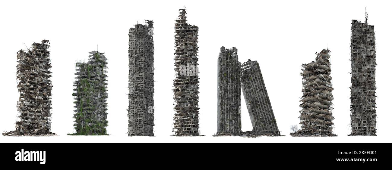 Eine Reihe von zerstörten Wolkenkratzern, hohen post-apokalyptischen Gebäuden, isoliert auf weißem Hintergrund Stockfoto