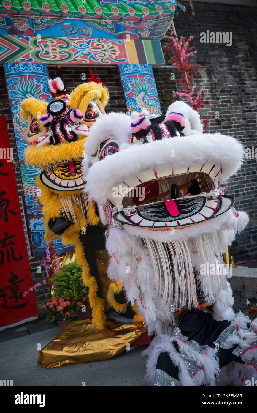 Kunstvolle Löwentanzpuppen, die am Eingang des von der Stadtmauer umgebenen Dorfes Kat hing Wai für das zehnjährige Da Jiu Festival, kam Tin, Hongkong, 2015, ausgestellt werden Stockfoto