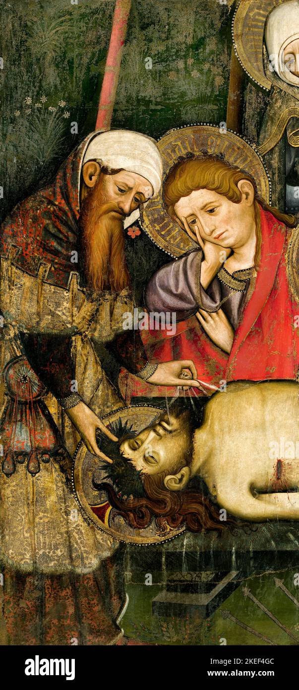 Joan Mates, Trauer um den toten Leib Christi, um 1410-1420, Tempera und Blattgold auf Holz, Museu Nacional d'Art de Catalunya, Barcelona, Spanien Stockfoto