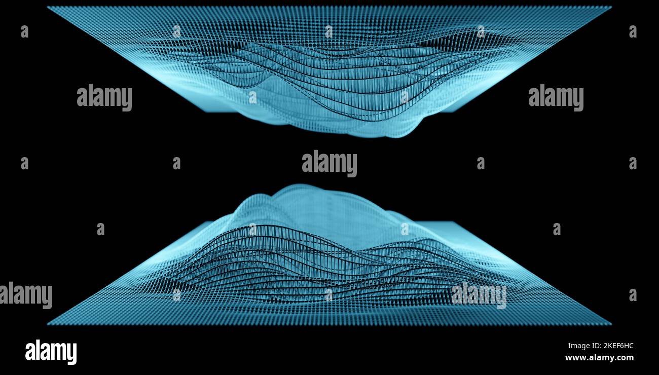 Illustration von zwei verspiegelten blauen abstrakten Drahtmodell-Schallwellen, Visualisierung von Frequenzsignalen Audio-Wellenlängen, konzeptionelle futuristische Technolo Stockfoto