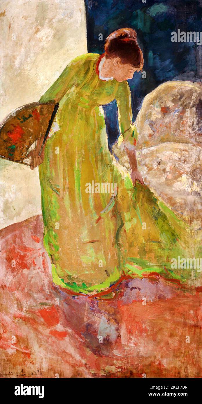 Mary Cassatt, Woman Standing, Holding a Fan, 1894, Staupe und Metallic-Farbe auf Leinwand, Terra Foundation for American Art, Chicago, USA. Stockfoto