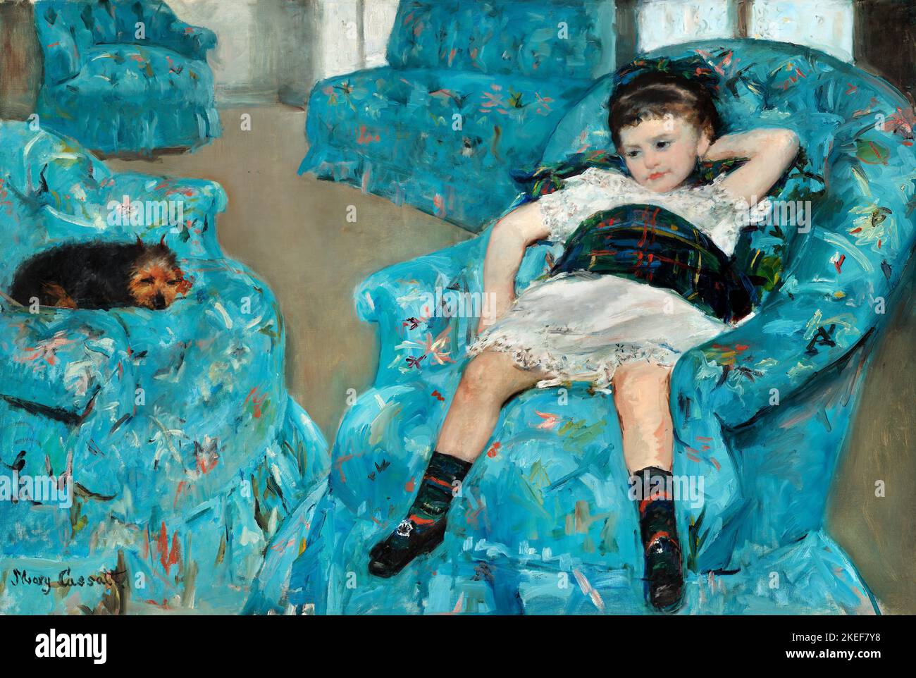 Mary Cassatt, Little Girl in a Blue Armchair, 1878, Öl auf Leinwand, National Gallery of Art, Washington, D.C., USA. Stockfoto