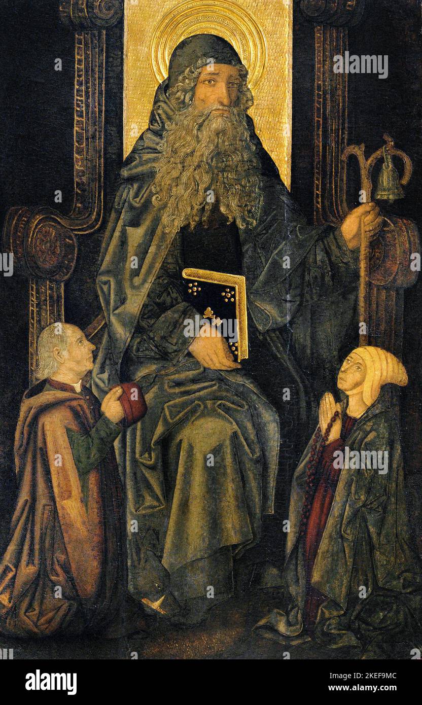 Martín Bernat, Abt und Spender des heiligen Antonius, um 1480-1495, Öl auf Leinwand, Tempera, Stuckreliefs und Blattgold auf Holz, Museu Nacional d'Ar Stockfoto