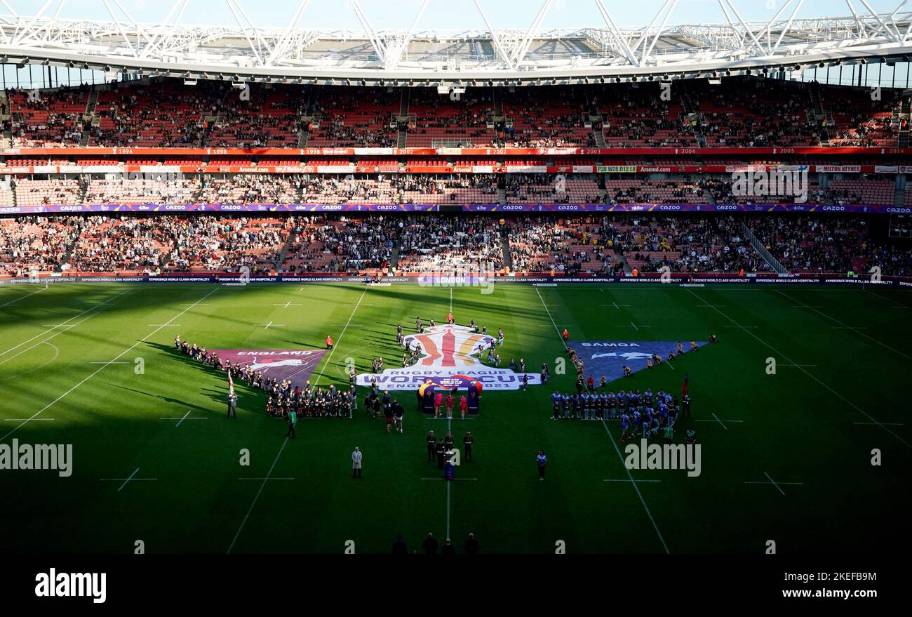 England und Samoa stehen vor dem Halbfinalspiel der Rugby League im Emirates Stadium in London an. Bilddatum: Samstag, 12. November 2022. Stockfoto