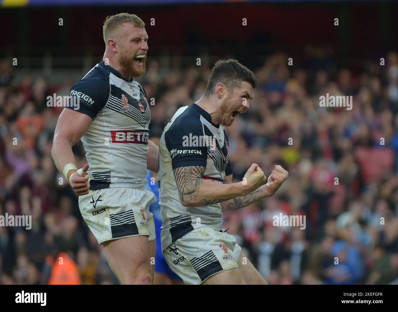 London, Großbritannien. 12.. November 2022. John Bateman aus England feiert am 12 2022. November im Emirates, Arsenal, London, Großbritannien, ein Halbfinale der Rugby League 2021 zwischen England und Samoa (Foto: Craig Cresswell/Alamy Live News) Stockfoto