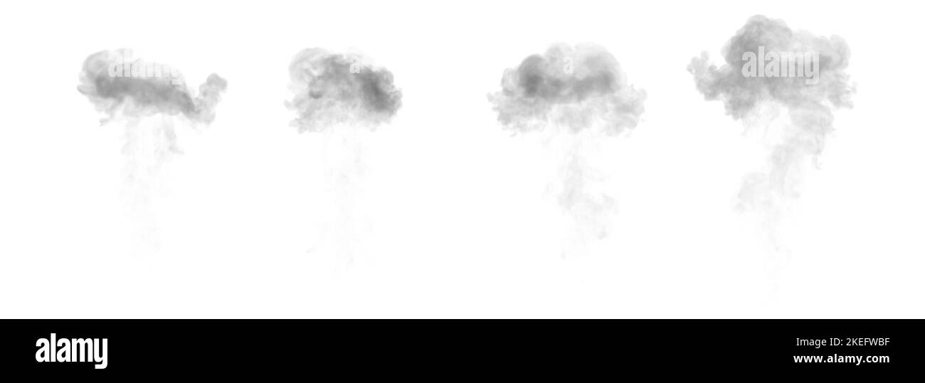 Vier schwarze Rauchwolken nach dem Knall, isoliert - Objekt 3D Rendering Stockfoto