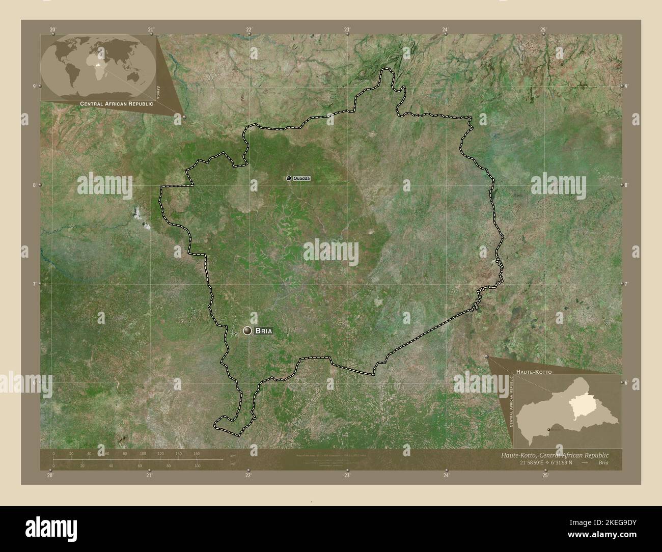 Haute-Kotto, Präfektur der Zentralafrikanischen Republik. Hochauflösende Satellitenkarte. Orte und Namen der wichtigsten Städte der Region. Zusatzecke Stockfoto