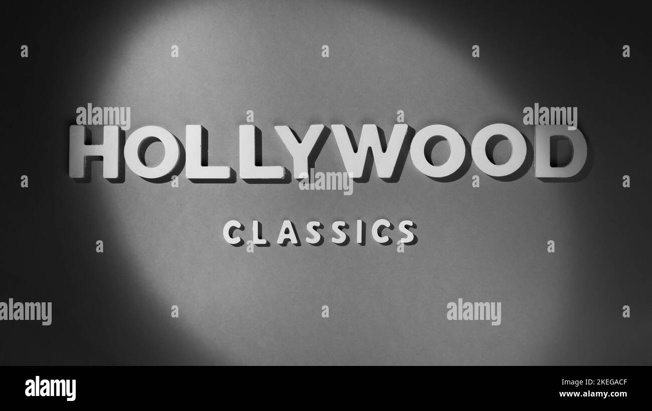 Hollywood Classics - Inschrift im Stil eines alten Films. Schwarzweiß-Foto Stockfoto