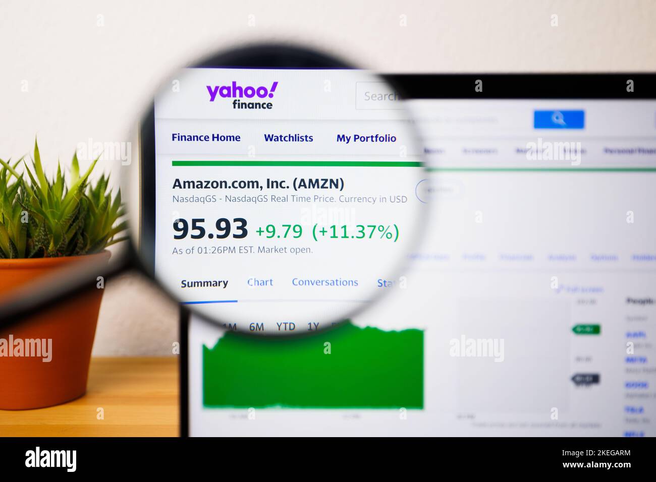 Ein Amazon-Aktienkurs auf einem Laptop-Bildschirm unter einer Lupe Stockfoto