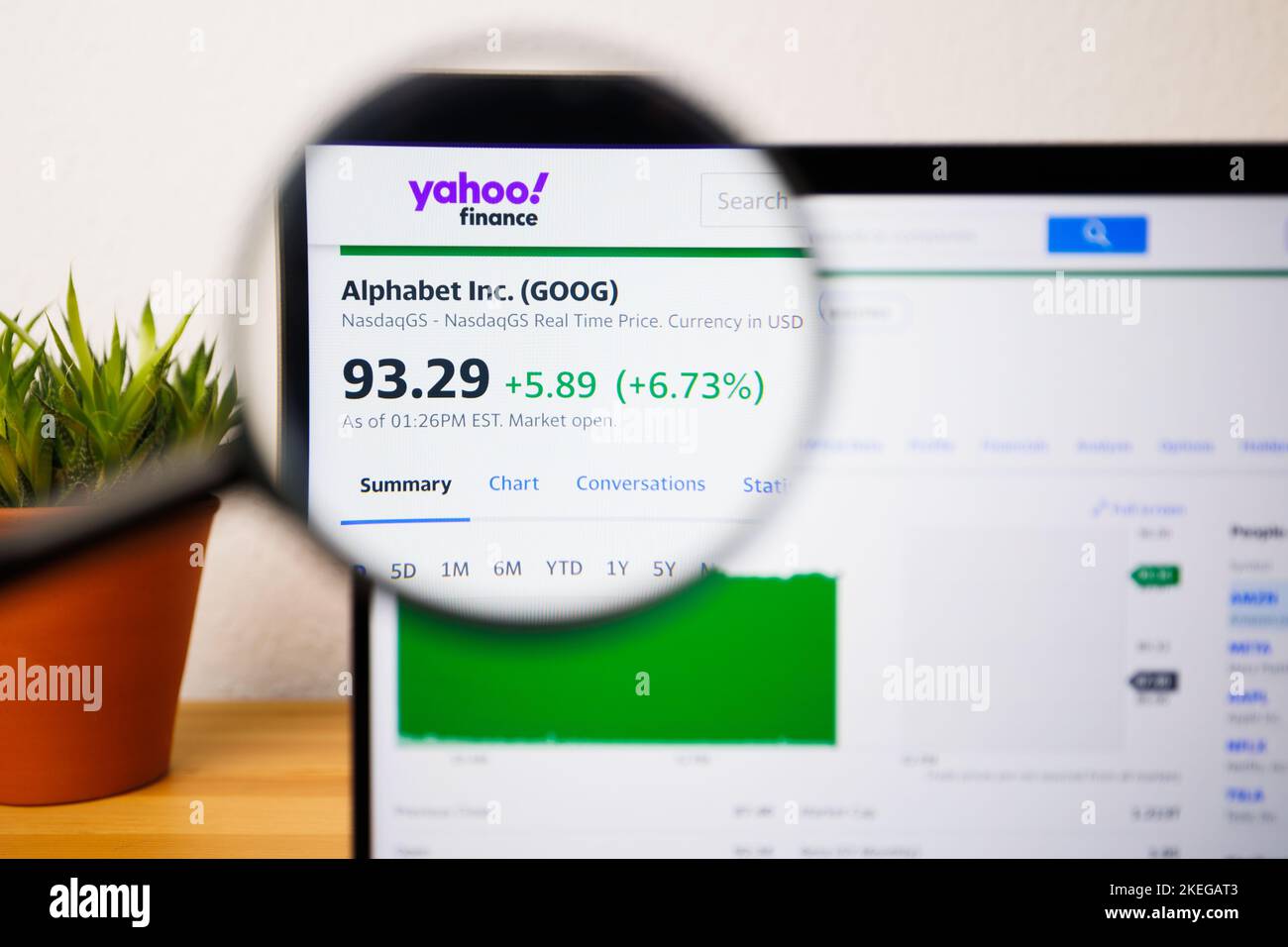 Ein Alphabet Aktienkurs auf einem Laptop-Bildschirm unter einer Lupe Stockfoto