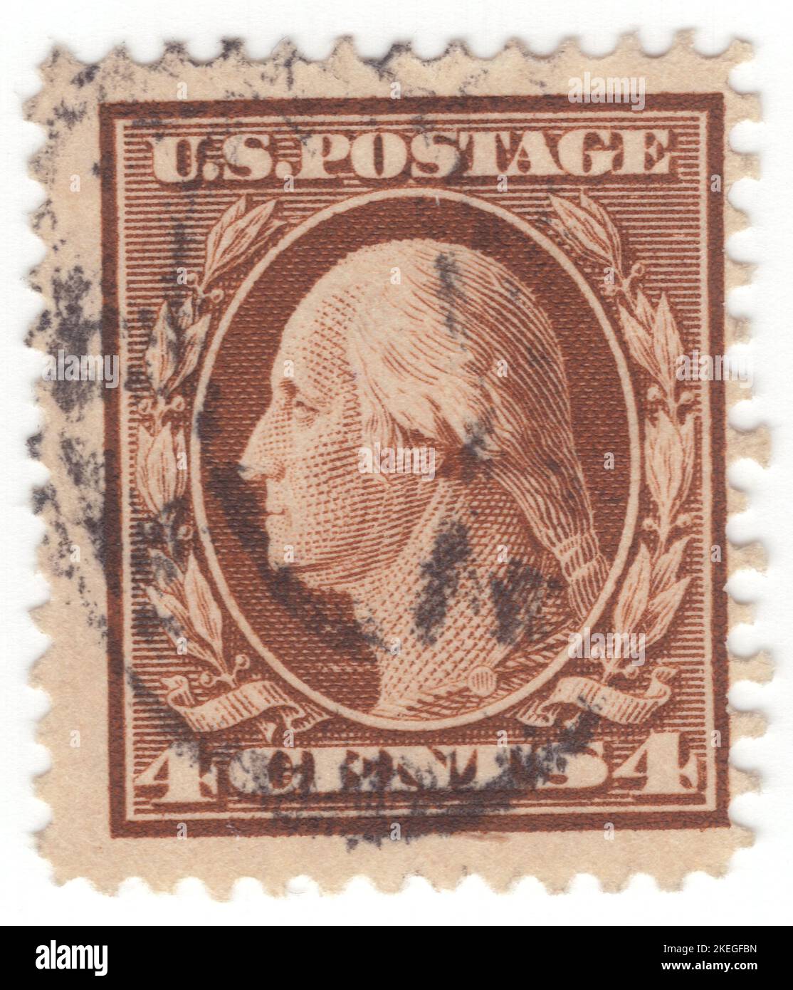 USA - 1911: Eine 4 Cent braune Briefmarke, die das Porträt von George Washington darstellt. Amerikanischer Militäroffizier, Staatsmann und Gründungsvater, der von 1789 bis 1797 als erster Präsident der Vereinigten Staaten diente. Vom Kontinentalkongress zum Kommandeur der Kontinentalarmee ernannt, führte Washington die Patriot-Kräfte zum Sieg im amerikanischen Revolutionskrieg und diente als Präsident des Verfassungskonvents von 1787, der die Verfassung der Vereinigten Staaten und der amerikanischen Bundesregierung schuf. Washington wurde als „Vater seines Landes“ bezeichnet Stockfoto