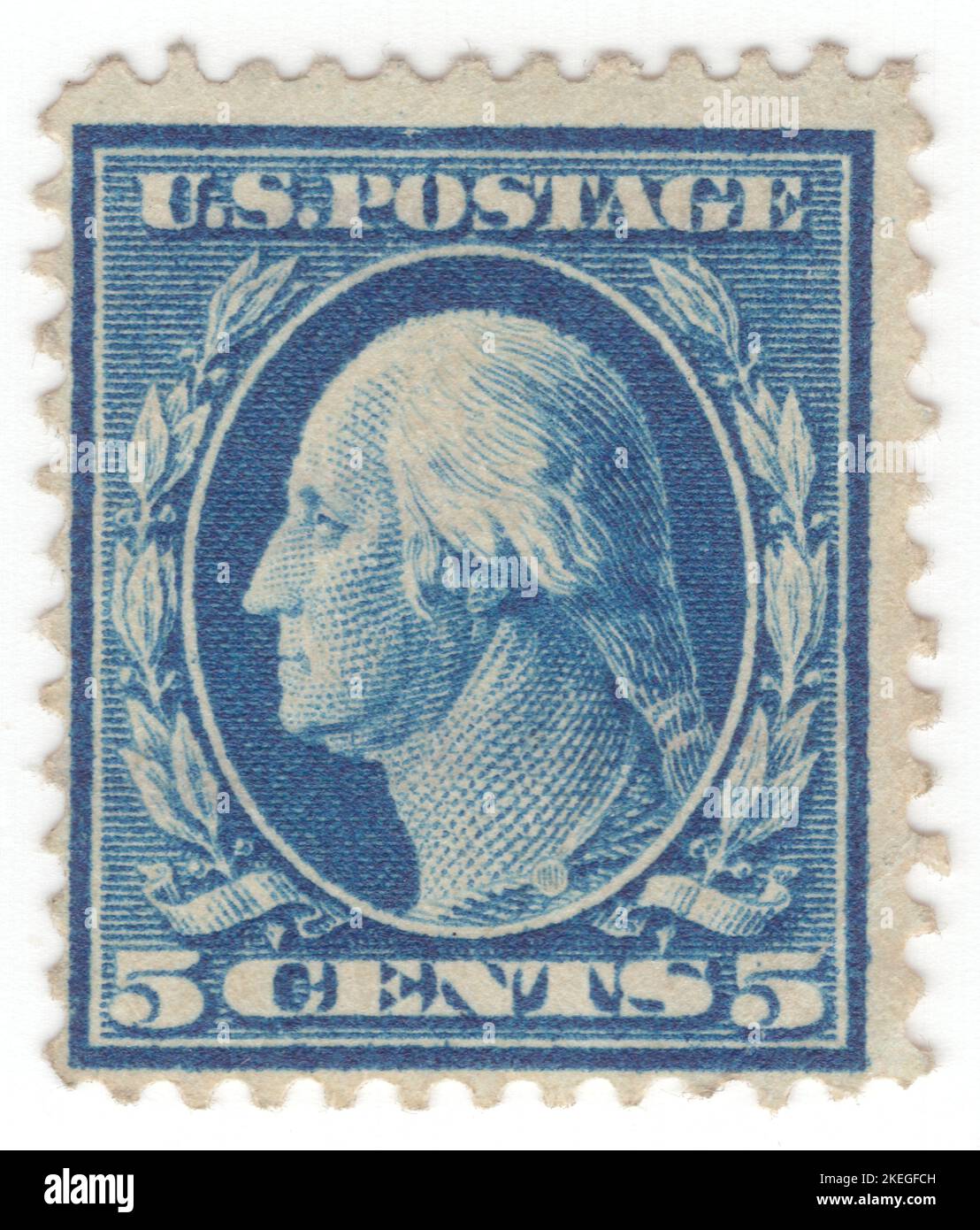 USA - 1911: Eine 5 Cent blaue Briefmarke, die das Porträt von George Washington darstellt. Amerikanischer Militäroffizier, Staatsmann und Gründungsvater, der von 1789 bis 1797 als erster Präsident der Vereinigten Staaten diente. Vom Kontinentalkongress zum Kommandeur der Kontinentalarmee ernannt, führte Washington die Patriot-Kräfte zum Sieg im amerikanischen Revolutionskrieg und diente als Präsident des Verfassungskonvents von 1787, der die Verfassung der Vereinigten Staaten und der amerikanischen Bundesregierung schuf. Washington wurde als „Vater seines Landes“ bezeichnet Stockfoto