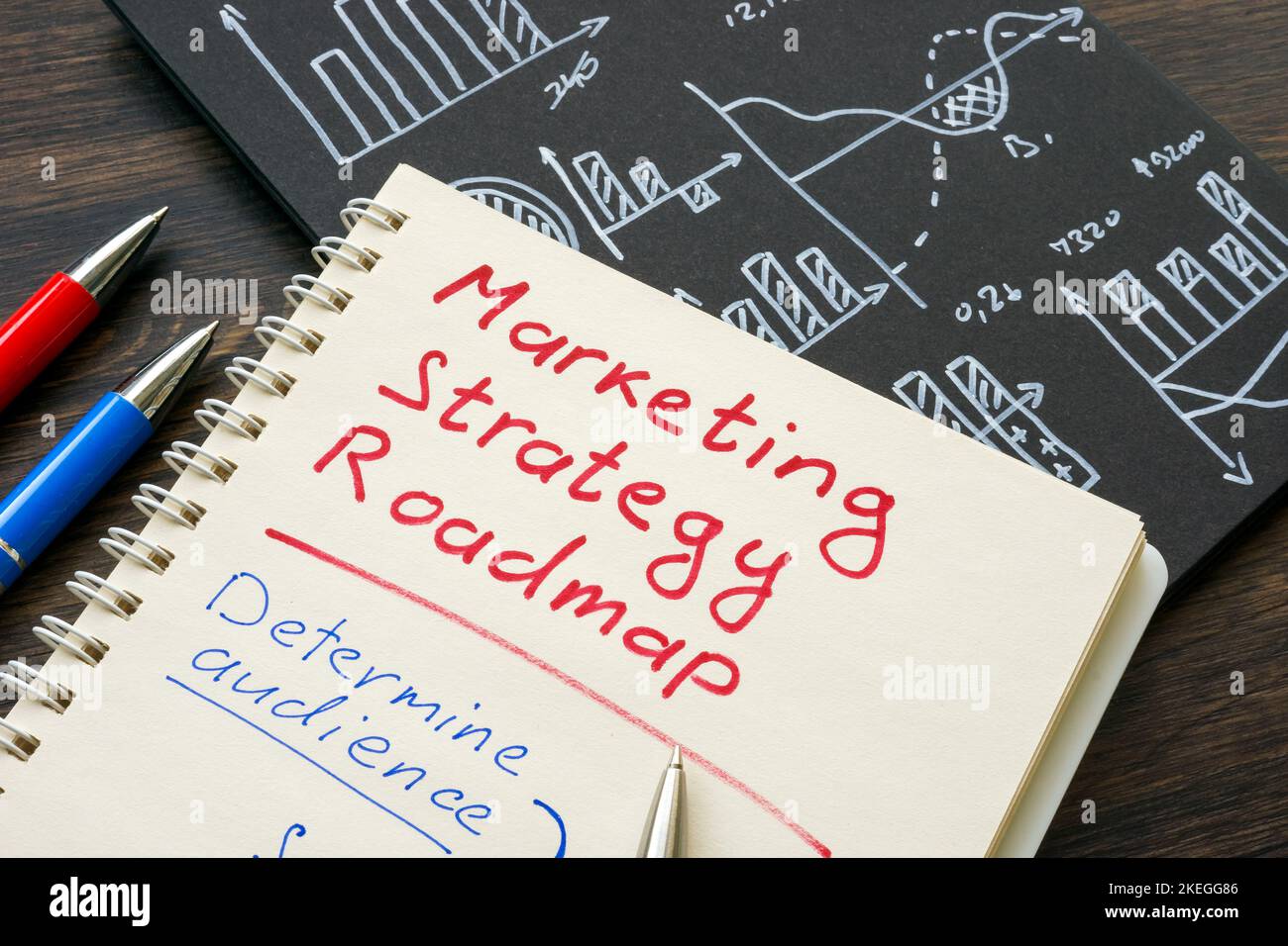 Roadmap für die Marketingstrategie im Notizblock und in den Diagrammen. Stockfoto