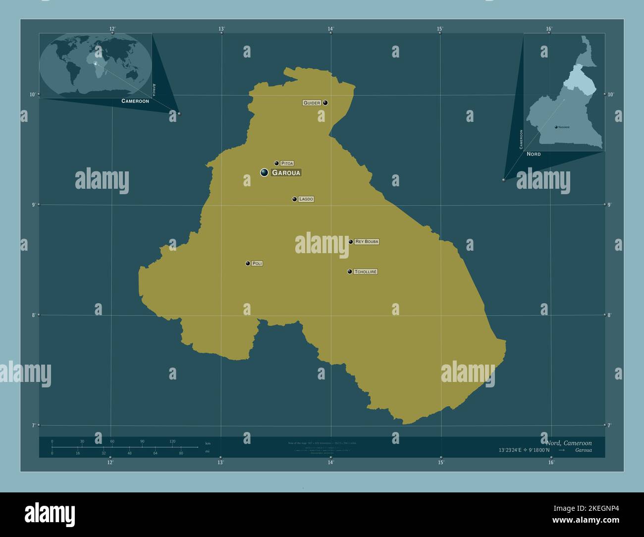 Nord, Region Kamerun. Einfarbige Form. Orte und Namen der wichtigsten Städte der Region. Karten für zusätzliche Eckposition Stockfoto