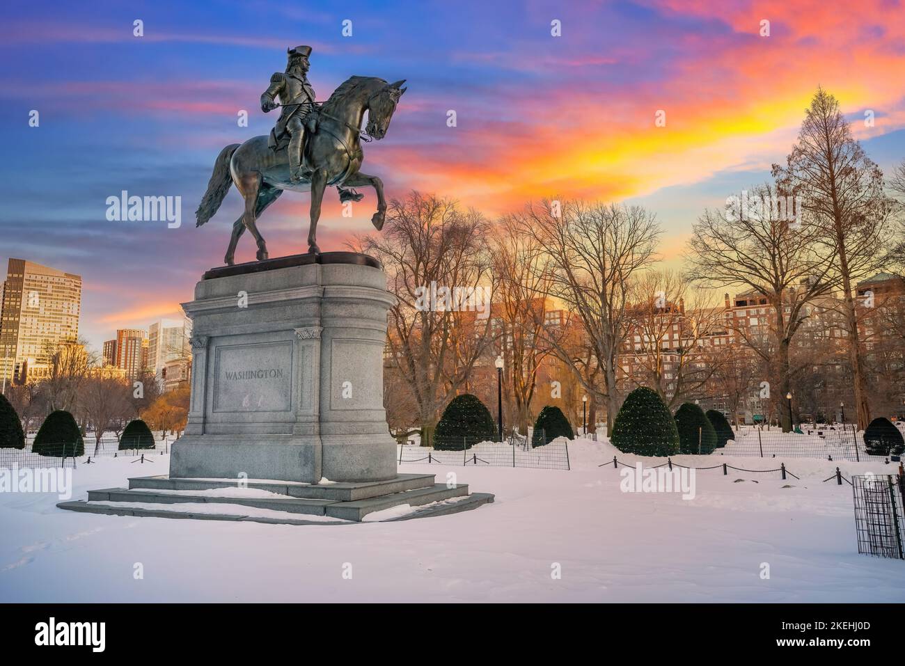 George Washington Statue in Boston Public Garden im Winter Stockfoto