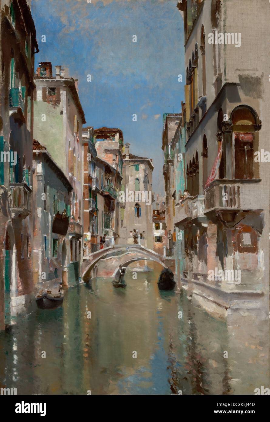 Ölgemälde eines Kanals in Venedig, Viertel San Trovaso, Robert Frederick Blum, ca. 1885 . Diese Ansicht zeigt den Rio Ogni Santi (Fluss der Allerheiligen), im Viertel San Trovaso von Venedig, Italien. In der Mitte der Wasserstraße steuert ein Mann einen Sandolo, eine kleinere, leichtere Version einer Gondel. Stockfoto