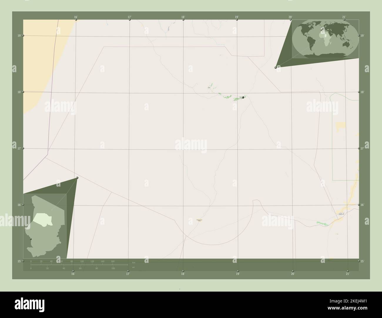 Borkou, Region des Tschad. Öffnen Sie Die Straßenkarte. Standorte der wichtigsten Städte der Region. Karten für zusätzliche Eckposition Stockfoto