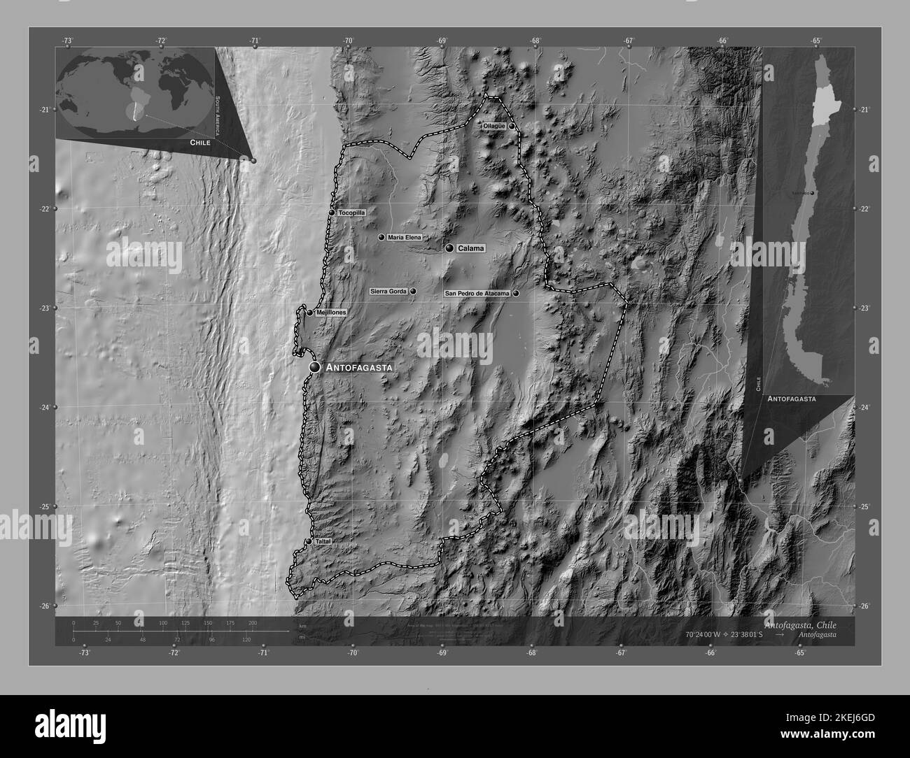 Antofagasta, Region von Chile. BilevelHöhenkarte mit Seen und Flüssen