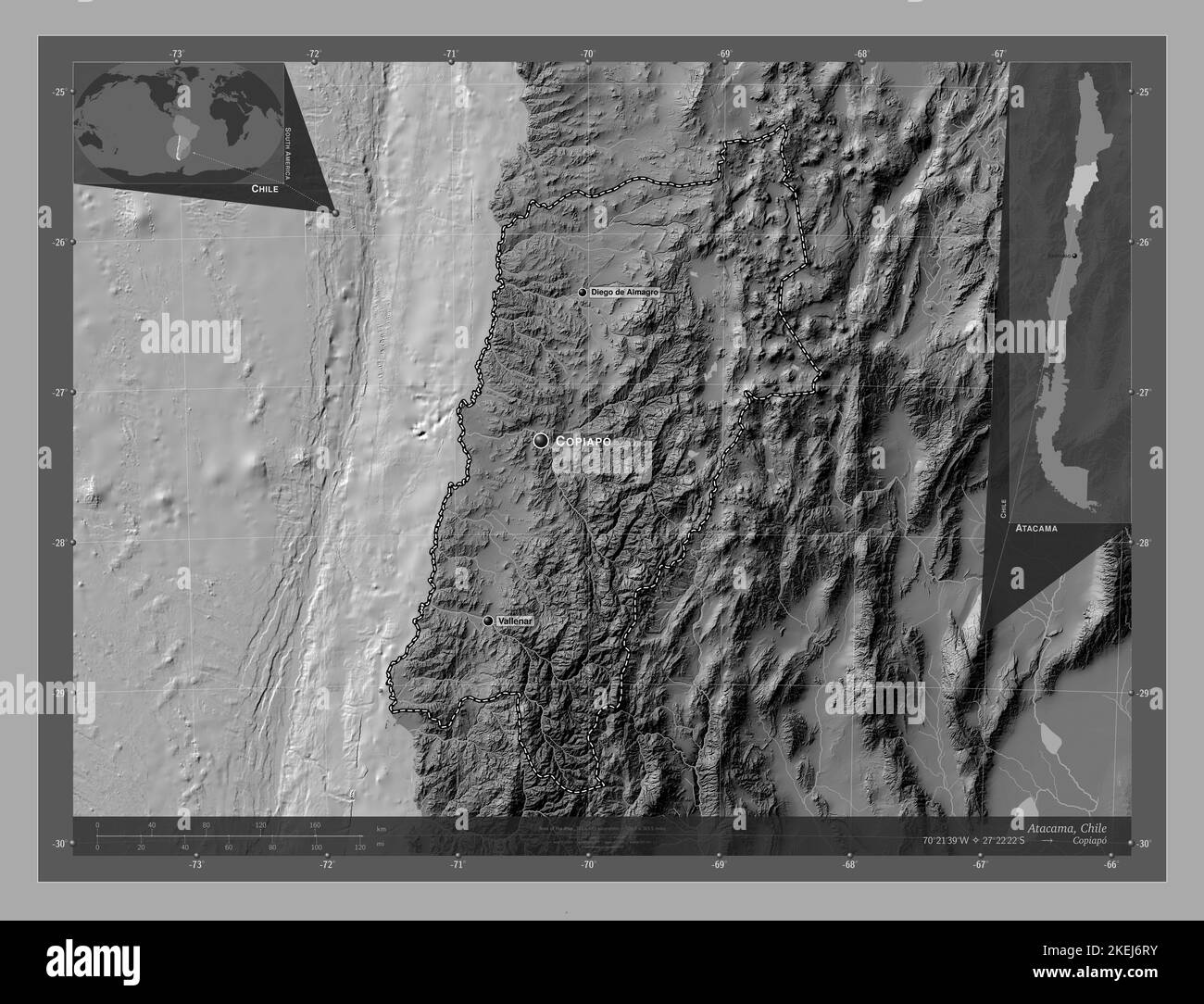 Atacama, Region von Chile. BilevelHöhenkarte mit Seen und Flüssen