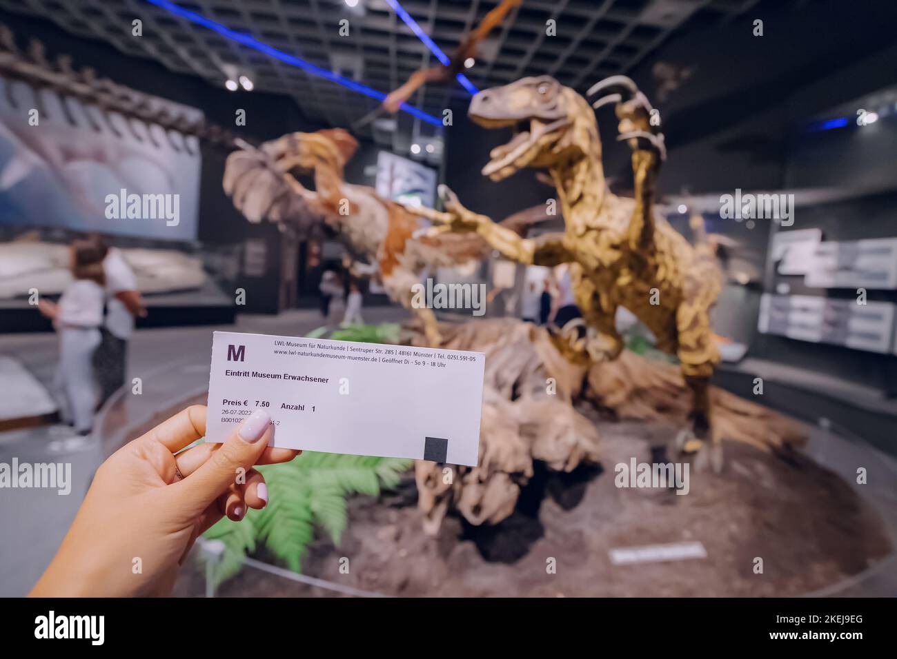 26. Juli 2022, Münster Natural History Museum, Deutschland: Hand mit Eintrittskarte zur Dinosaurierausstellung der LWL Naturkunde Stockfoto