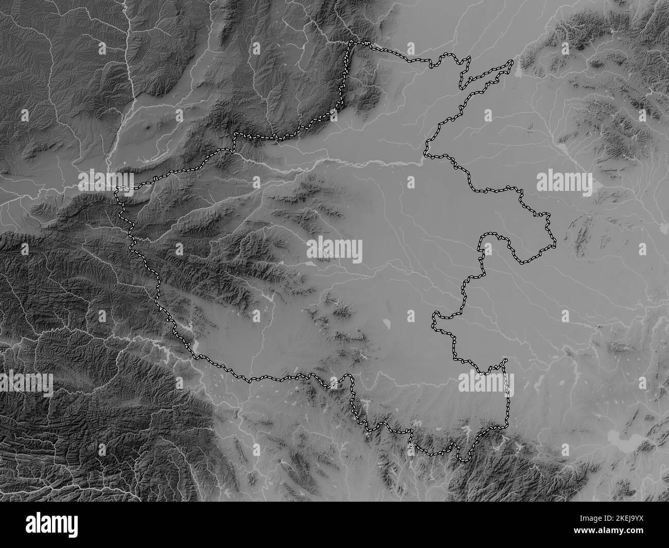 Henan, Provinz China. Höhenkarte in Graustufen mit Seen und Flüssen Stockfoto
