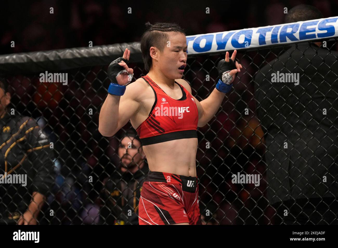 NEW YORK CITY, NY - 12. NOVEMBER: Weili Zhang feiert ihren Sieg über Carla Esparza in ihrem Women Strawweight Titelkampf während des UFC 281 Events im Madison Square Garden am 12. November 2022 in New York City, New York, USA. (Foto von Louis Grasse/PxImages) Credit: Px Images/Alamy Live News Stockfoto