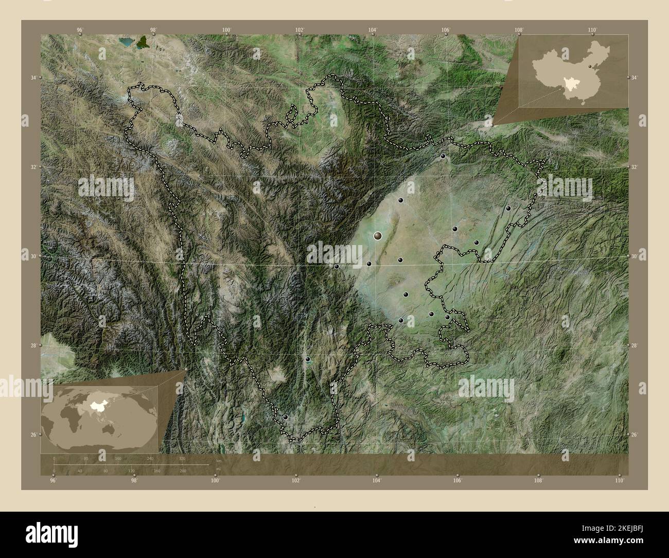 Sichuan, Provinz China. Hochauflösende Satellitenkarte. Standorte der wichtigsten Städte der Region. Karten für zusätzliche Eckposition Stockfoto