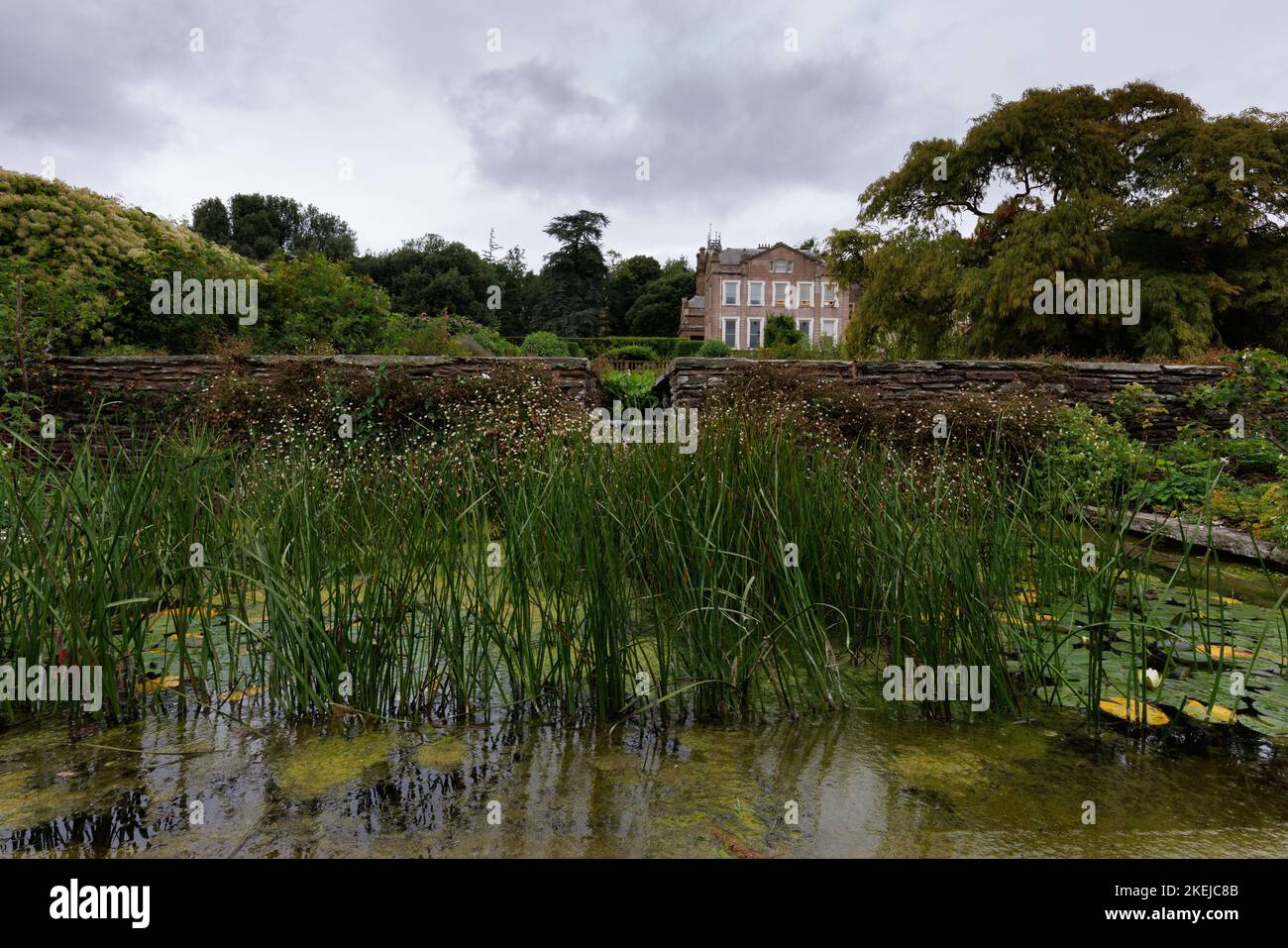 Blick auf das Haupthaus mit Rill und Teich im Hestercombe House & Gardens Stockfoto