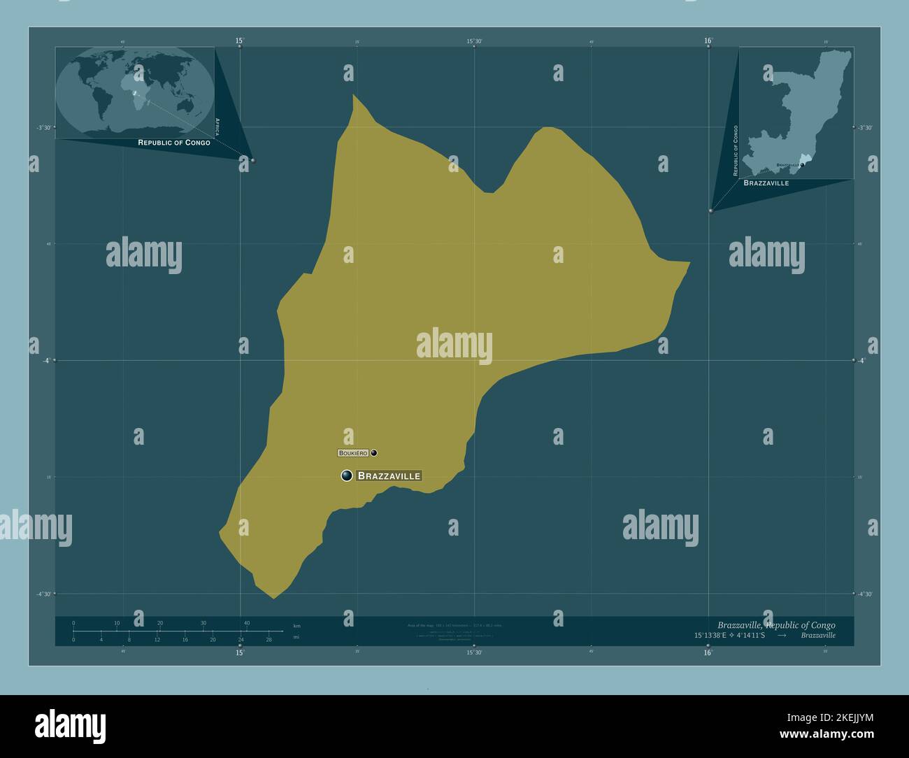 Brazzaville, Region der Republik Kongo. Einfarbige Form. Orte und Namen ...