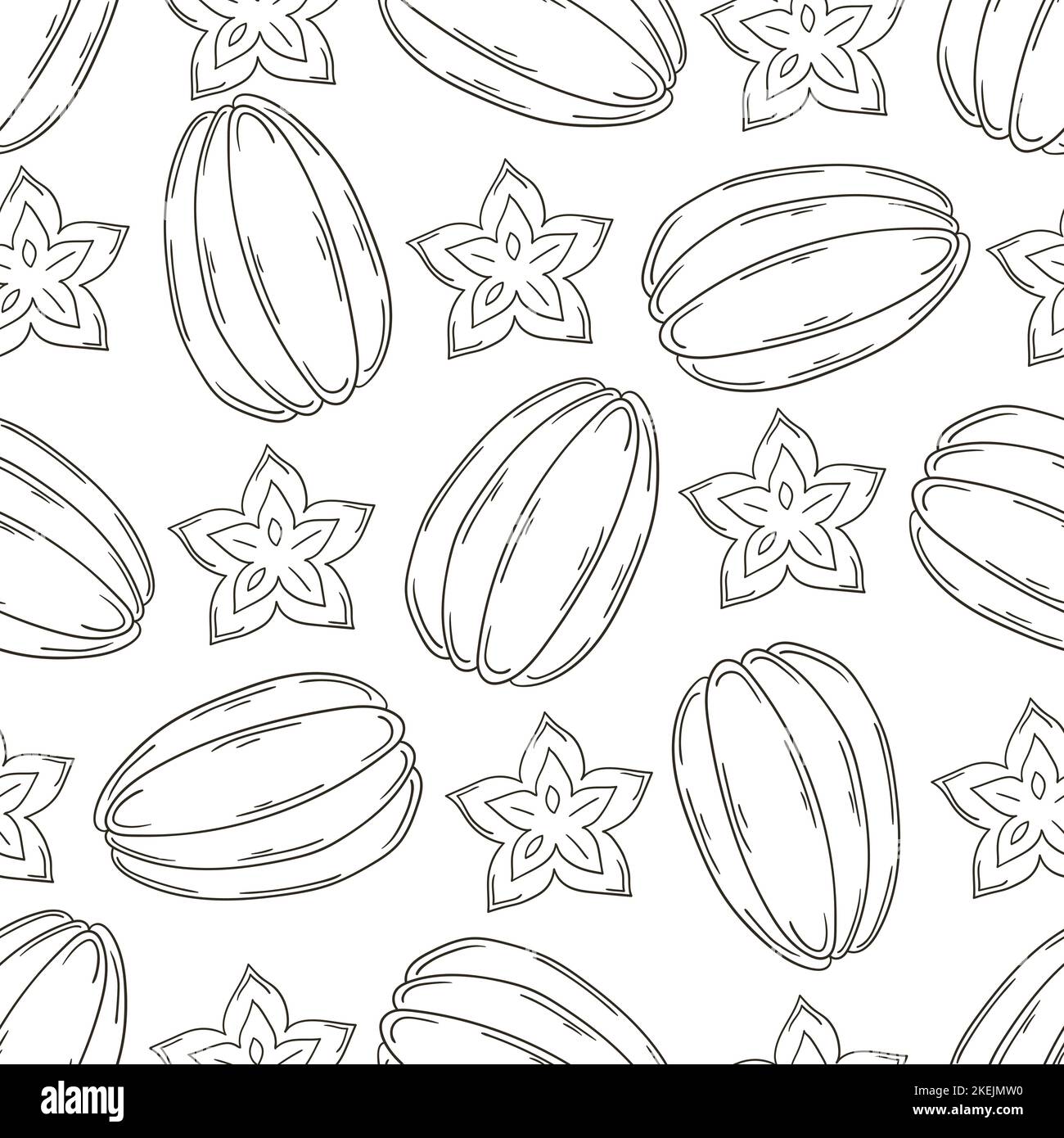 Monochromes Muster mit tropischen Früchten. Karambola, Sternfrucht. Abbildung im Handzeichnen-Stil. Kann für Stoff, Verpackung, Verpackung usw. verwendet werden Stock Vektor
