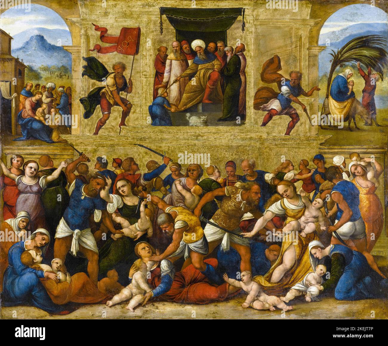 Ludovico Mazzolino Gemälde, Massaker der Unschuldigen, Öl auf Tafel, 1510-1530 Stockfoto