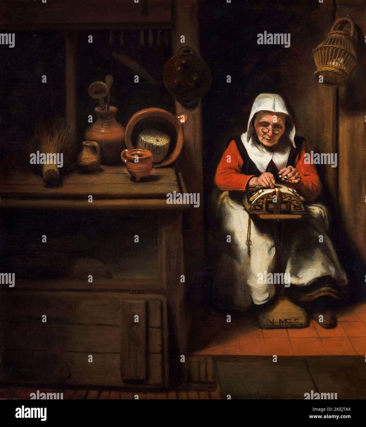 Nicolaes Maes Gemälde, der alte Lacemaker, Öl auf Tafel, um 1655 Stockfoto