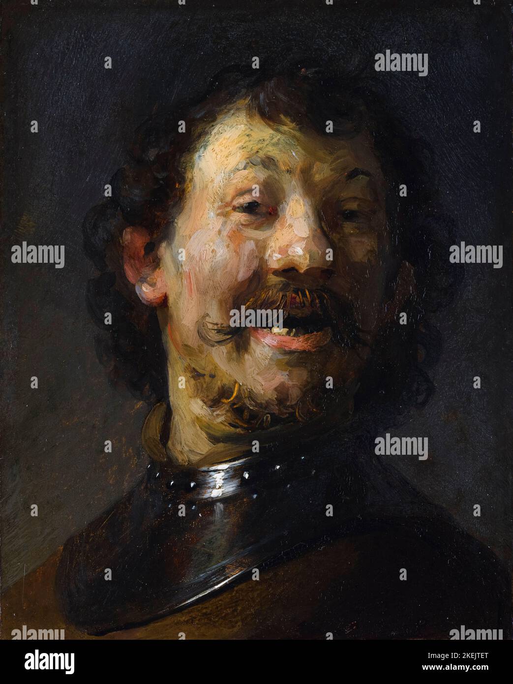 Der lachende Mann, Porträt in Öl und Gold auf Kupfer von Rembrandt van Rijn, 1629-1630 Stockfoto