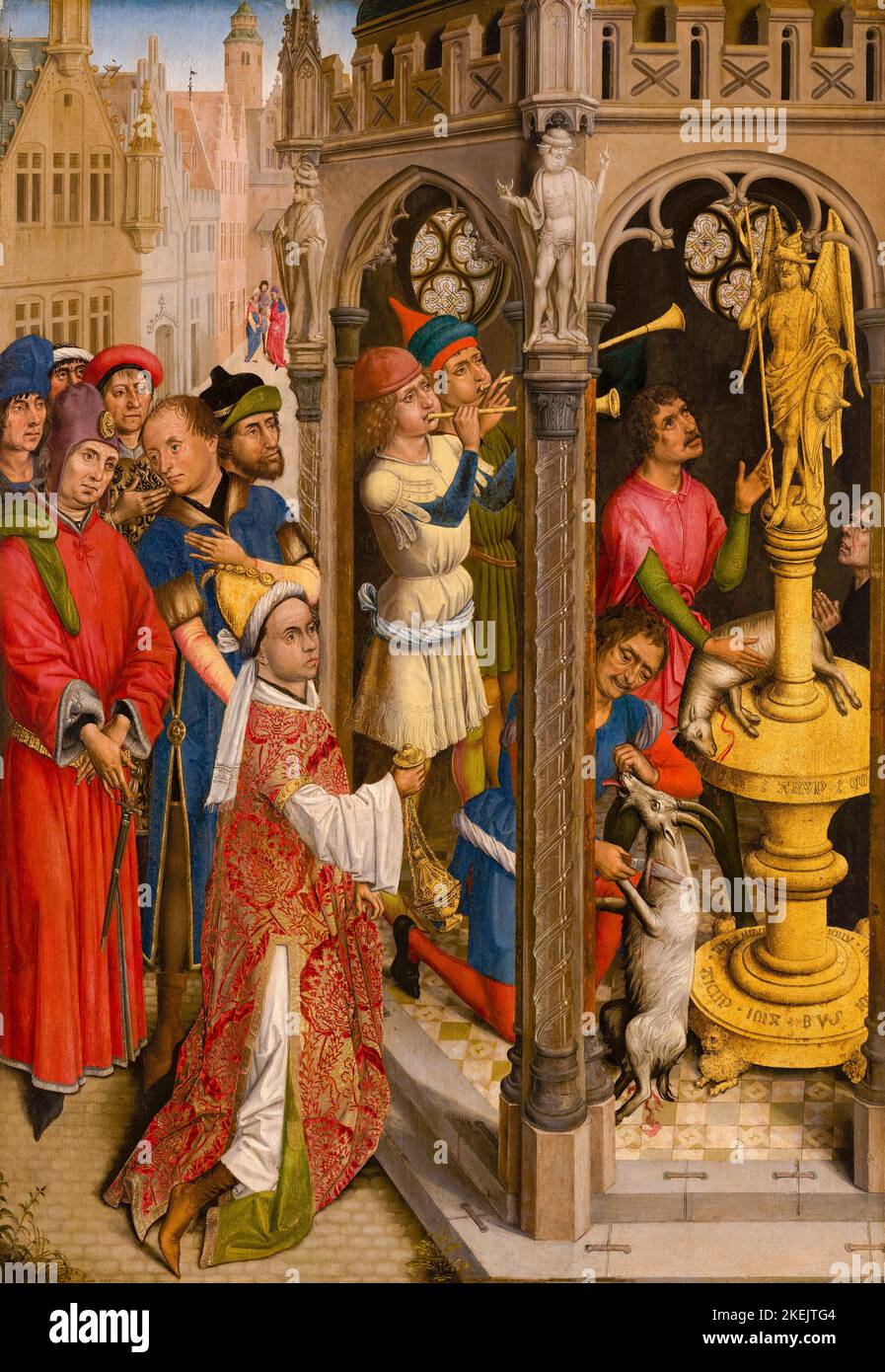 Augustinus, der einem manichäischen Idol opfert (?), Ölgemälde auf Tafel von Rogier van der Weyden (möglicherweise), aber Aert van den Bossche zugeschrieben, um 1480 Stockfoto