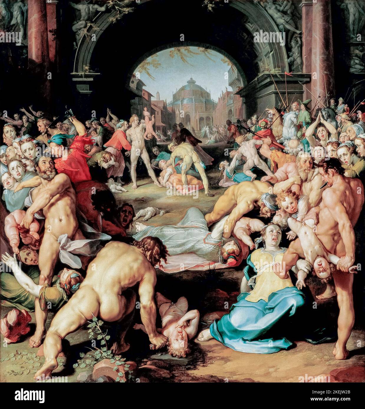 Das Massaker der Unschuldigen, Ölgemälde auf Leinwand von Cornelis van Haarlem, 1591 Stockfoto