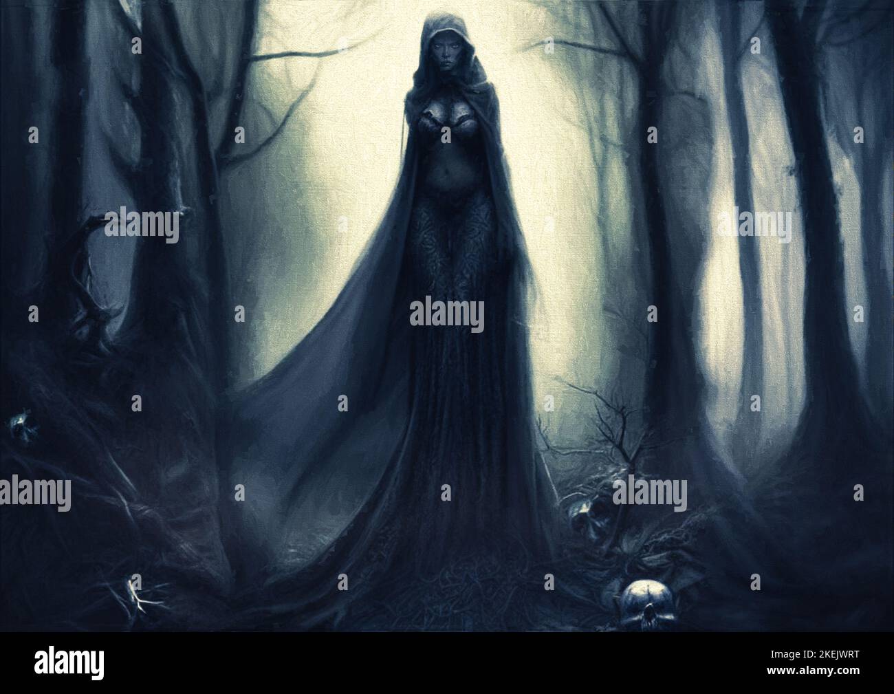 Dunkler Wald mit hohen mystischen weiblichen Baum Frau Wurzeln aus Beinen und Totenköpfen auf dem Boden. Digitale Malerei. Blautöne. Stockfoto