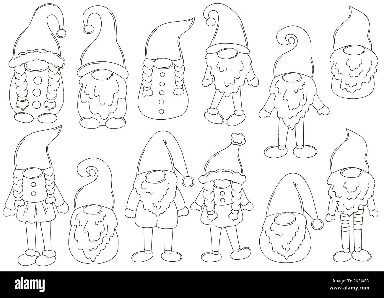 Coloring Vector Bundle. Große Sammlung von Zwergen auf Weihnachtsmann Hüte in handgezeichneten Stil. Satz von Vektorgrafiken für Ihr Design. Schild, Aufkleber Stock Vektor