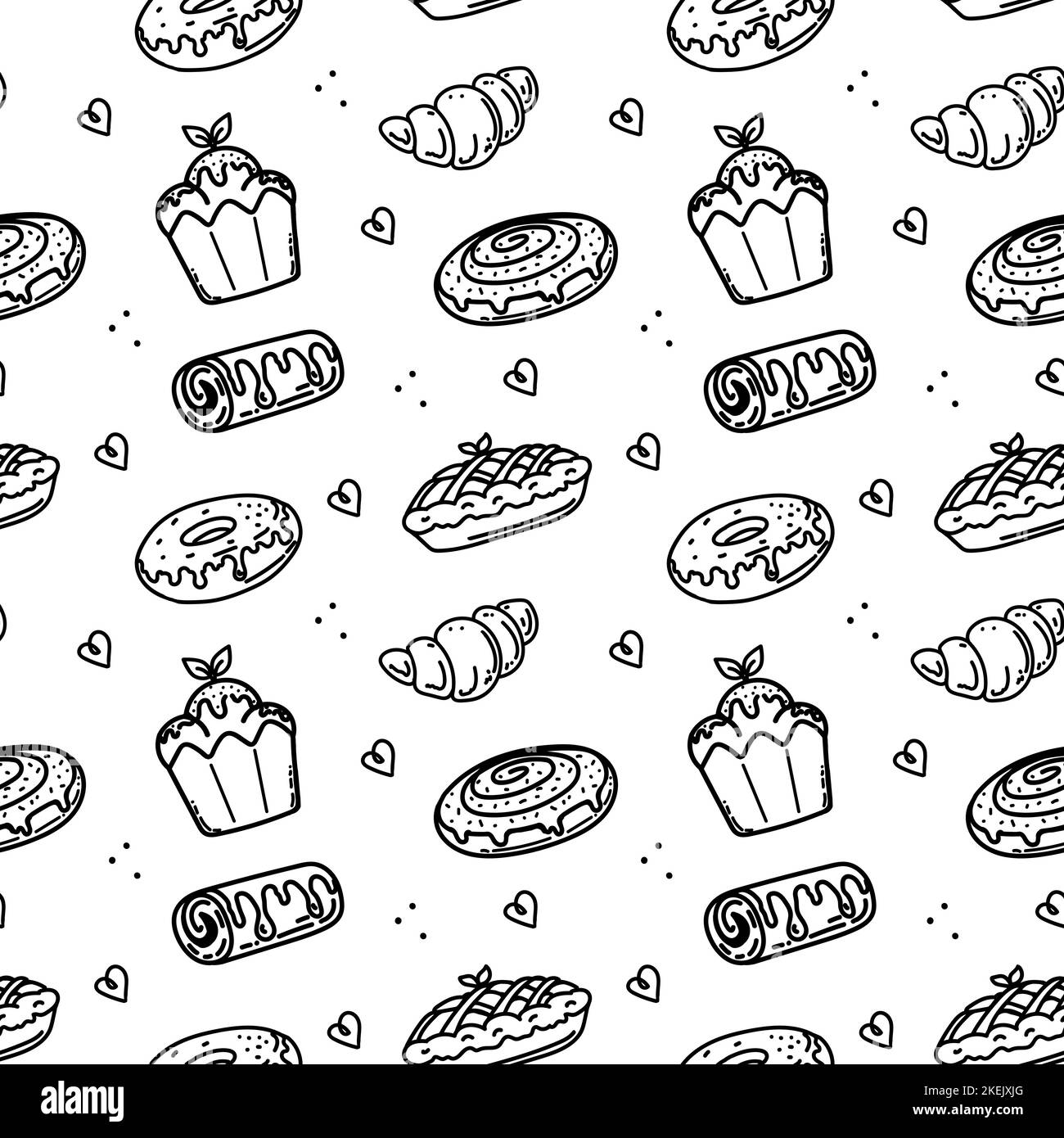 Ein nahtloses Muster aus handgezeichneten Backwaren und Gebäck im Doodle-Stil. Sammlung verschiedener Brotsorten, Croissants, Baguette, Scones, Muffins, M Stock Vektor
