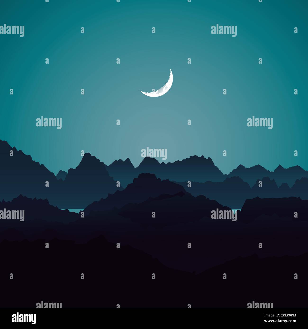 Baum der Berge, Baum und Berge Silhouetten, Bergstation, Mond und Berge, Blau und Lila Gradient Bilder, Bergstation, im Hintergrund Stock Vektor