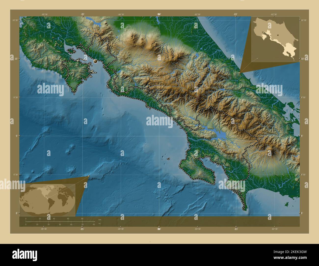 Puntarenas, Provinz Costa Rica. Farbige Höhenkarte mit Seen und Flüssen. Karten für zusätzliche Eckposition Stockfoto