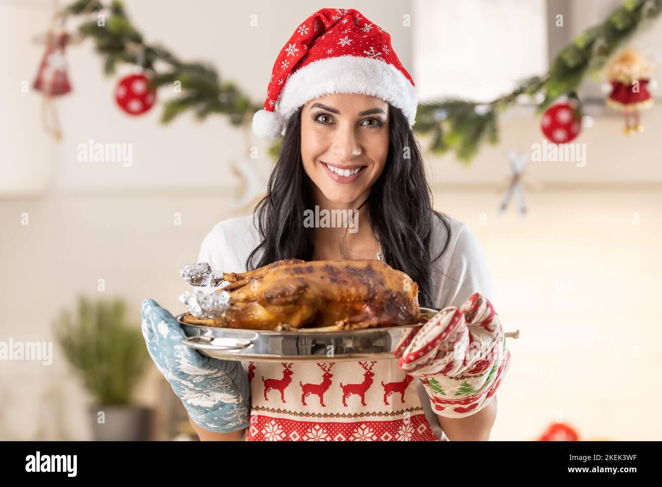 Zufriedene junge Frau in einer Weihnachtsschürze und Weihnachtsmütze mit einer Bratpfanne mit einer gebratenen Gans oder einem truthahn. Stockfoto