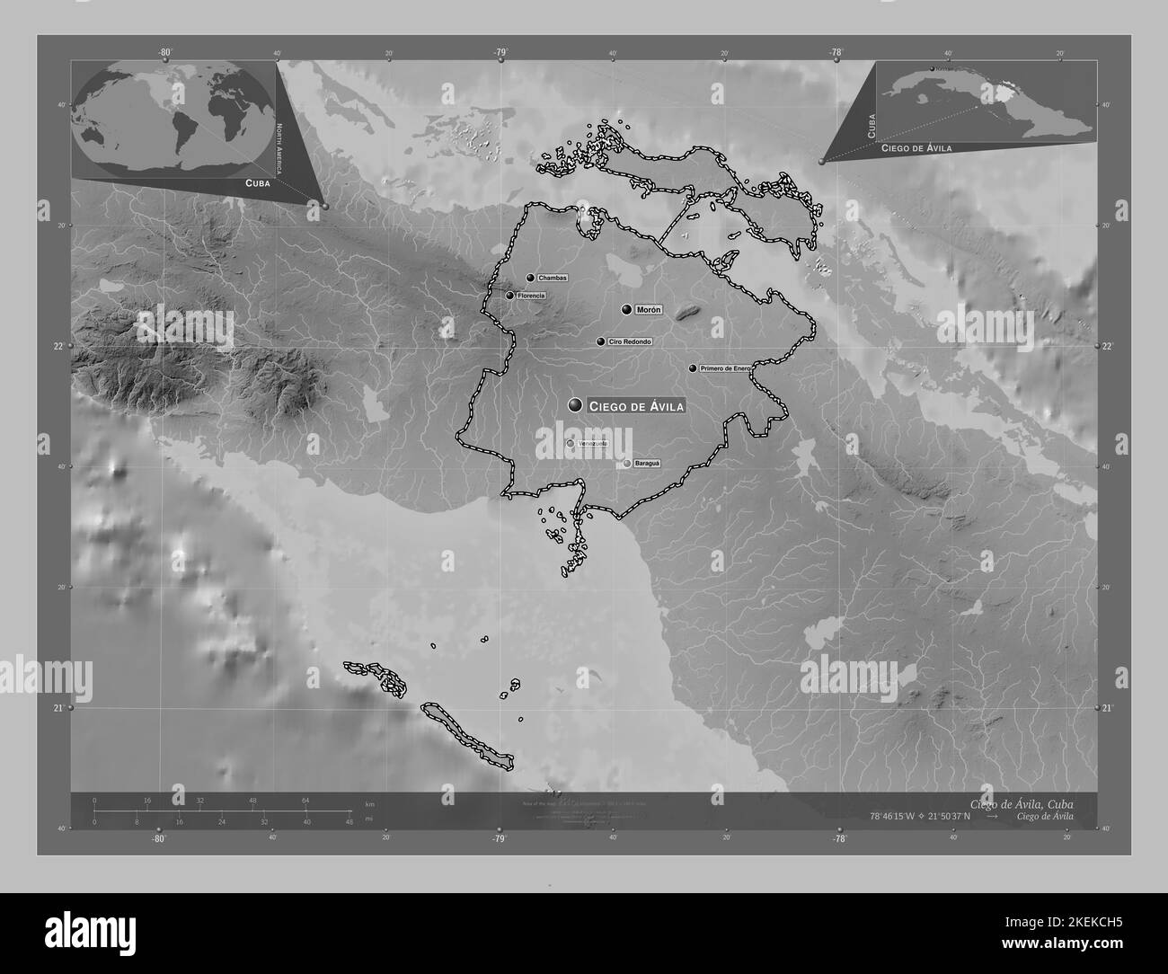 Ciego de Avila, Provinz Kuba. Höhenkarte in Graustufen mit Seen und Flüssen. Orte und Namen der wichtigsten Städte der Region. Ecke Zusatzl Stockfoto