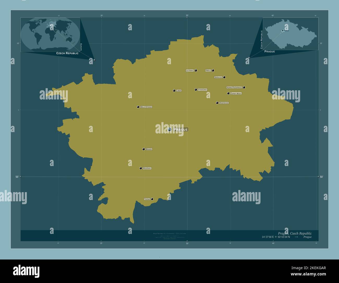 Prag, Region der Tschechischen Republik. Einfarbige Form. Orte und Namen der wichtigsten Städte der Region. Karten für zusätzliche Eckposition Stockfoto