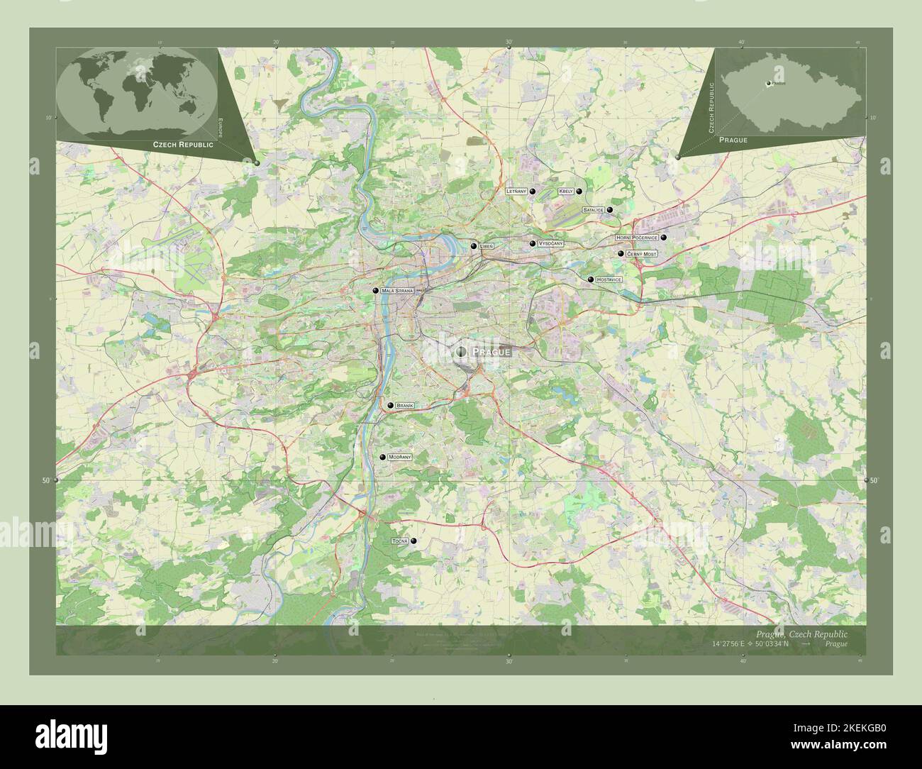 Prag, Region der Tschechischen Republik. Öffnen Sie Die Straßenkarte. Orte und Namen der wichtigsten Städte der Region. Karten für zusätzliche Eckposition Stockfoto