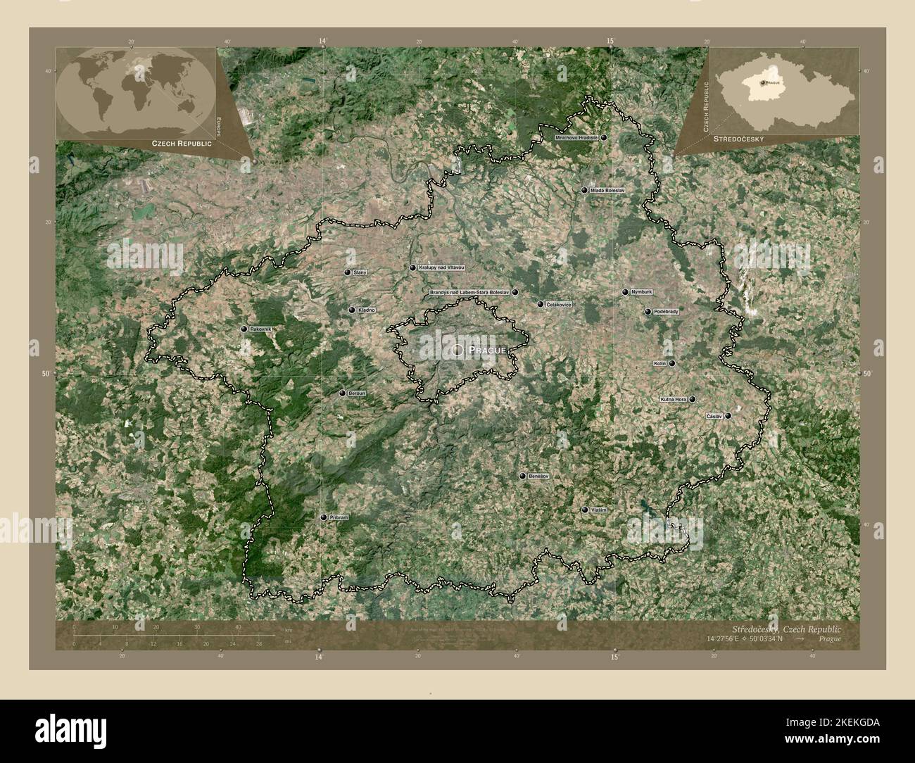 Stredocesky, Region der Tschechischen Republik. Hochauflösende Satellitenkarte. Orte und Namen der wichtigsten Städte der Region. Karte für zusätzliche Eckposition Stockfoto